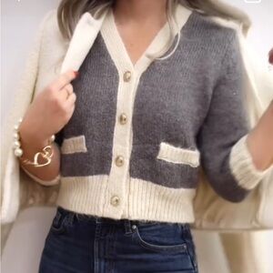 Zara CONTRAST TRIM KNIT GRAY CARDIGAN